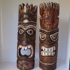 Pair of Hand-Carved Polynesian Wooden Tiki Masks 19.5"